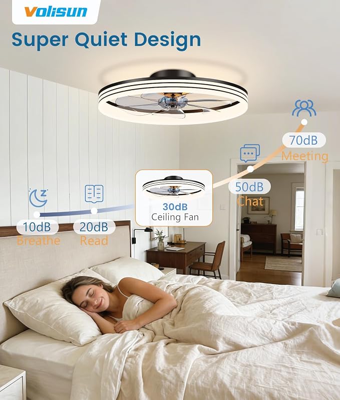 VOLISUN Low Profile Ceiling Fans with Lights and Remote, 24in Flush Mount Ceiling Fan with Light, 3000K-6500K Dimmable Fandelier LED Fan Light, Black Bladeless Ceiling Fans with Lights for Bedroom