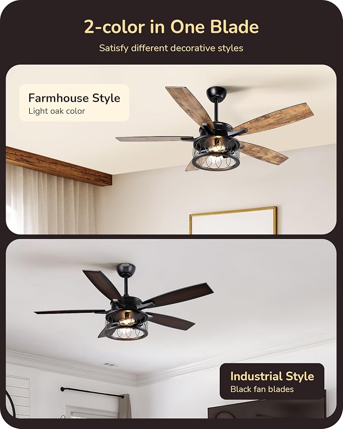 EDISHINE 52'' Farmhouse Ceiling Fans with Lights, 10%-100% Dimmable, 5 Wooden Blades, 1/2/4/6 Hour Timer, 6 Speeds Reversible DC Motor, Rustic Ceiling Fan for Living Room, Bedroom, Burnt Wood