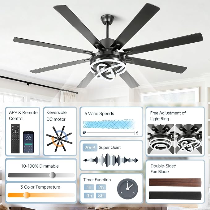 72 Inch Chandelier Ceiling Fans with Lights, Large Modern Ceiling Fan with Remote Control for Living Room Kitchen, Dimmable, 6 Speed Reversible DC Motor, Dual Finish，Black