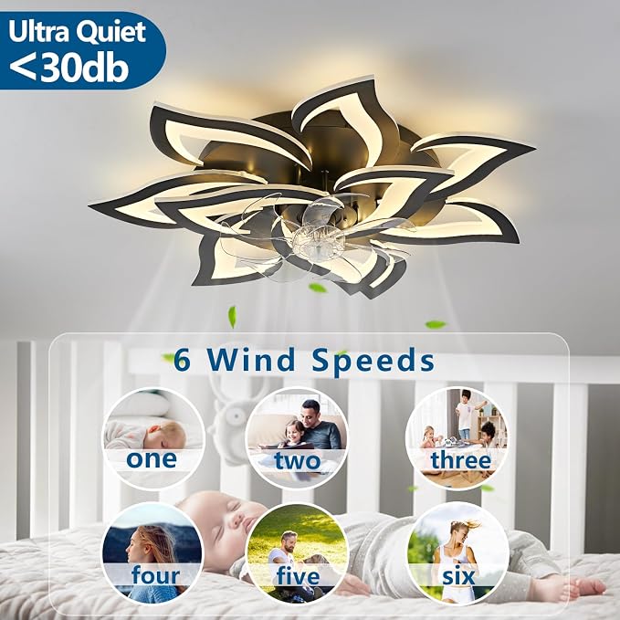 Dalouguan Modern Ceiling Fan with Lights Remote Control, 32" Black 6 Speeds 3 Light Color Low Profile Flush Mount Ceiling Fan for Kitchen Bedroom