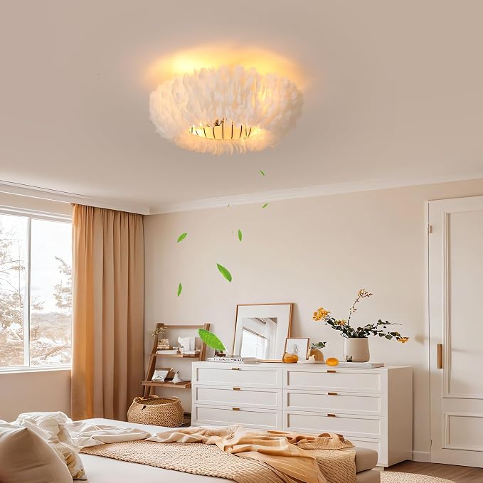 20" Modern Ceiling Fans with Lights and Remote Control，White Feather Chandeliers Stylish Low Profile Ceiling Fan for Bedroom, Living Room and Small Spaces,Featuring Reversible Motor, 6 Speeds