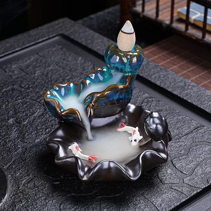 Ceramic Waterfall Backflow Incense Burner Holder, Home Aromatherapy Decoration Ornament with 30 Backflow Incense Cones and 50 Incense Sticks