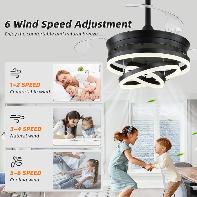 Retractable Ceiling Fan with Lights,Dimmable,6 speeds,DC Motor,36 inch Modern DIY Black Ceiling Fan with Lights Remote Control for Bedroom Living Room Kitchen