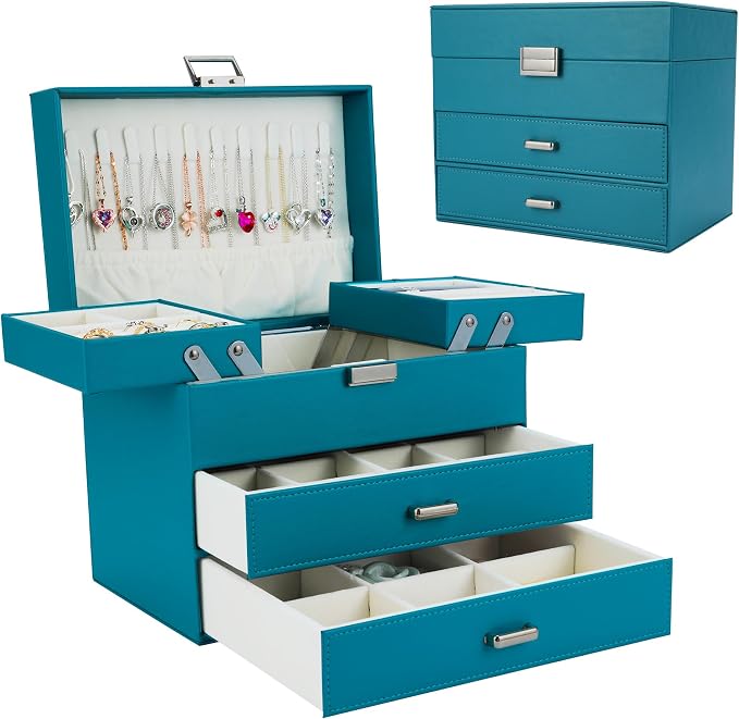 Dajasan Jewelry Organizer Box, Large Jewelry Boxes for Girls, Space-Saving 4 Layers Jewelry Storage Case with Drawer, Gift for Women, PU Leather, Movable Metal Stand, Modern (Blue)