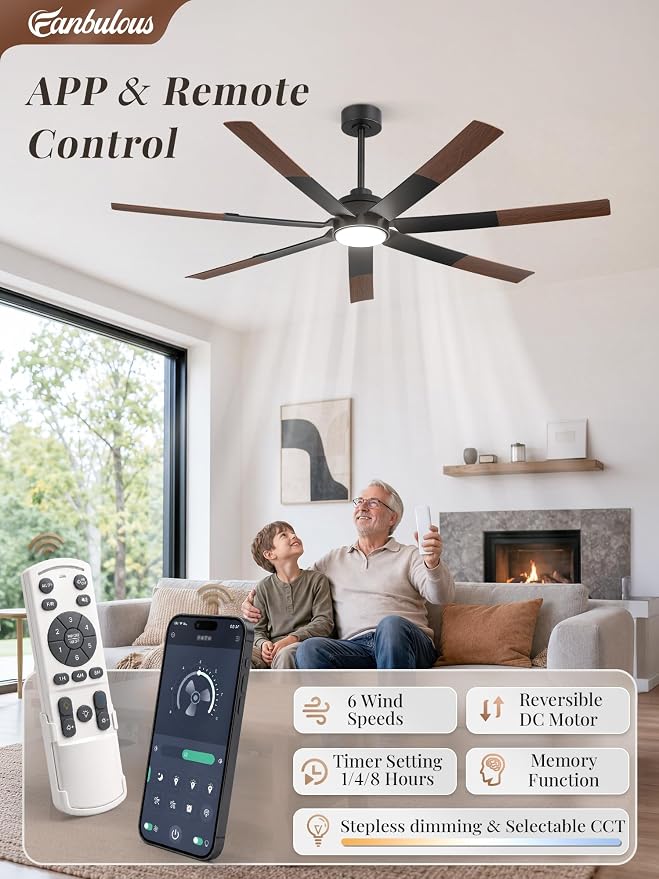 Fanbulous 66" Ceiling Fans with Lights and Remote, APP Control, Dimmable, 3CCT, Spliced Black & Wood Grain Farmhouse Ceiling Fan with DC Motor, Indoor/Outdoor Ceiling Fan for Living Room Patios