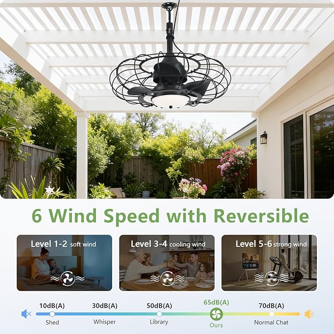 AHAWILL Outdoor Ceiling Fan with Light,20in Gazebo Fan with Remote and APP, 6 Speed,Dimmable 3 Color,Waterproof Cage Fan for Patio,Porch, Pergola,Canopy (dark black)