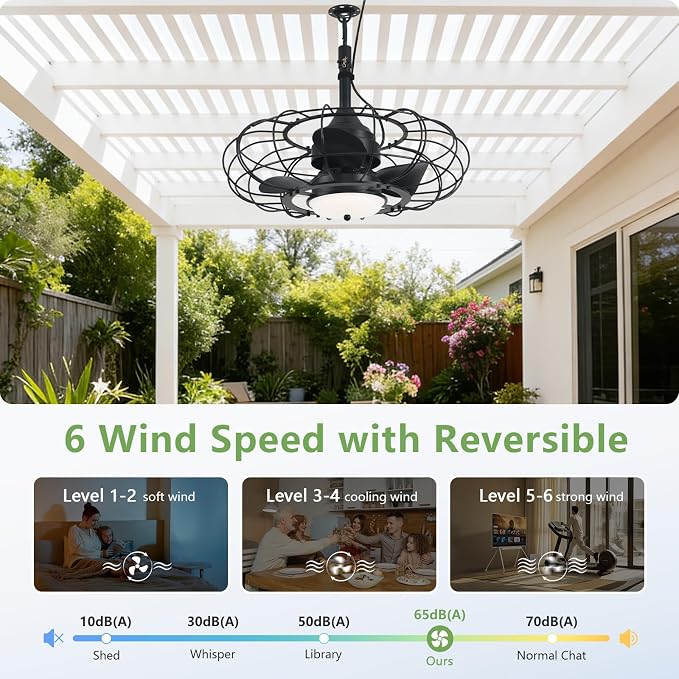 AHAWILL 20" Black Outdoor Ceiling Fan with Light and Remote/APP,3CCT 6 Speed Gazebo Fan Outdoor Hanging Hook,IP65 Waterproof Plug in Ceiling Fan for Patios, Garage, Porch, Pergola,Canopy