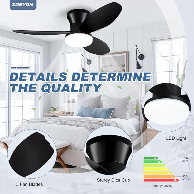 Small Ceiling Fan with Light - 35 Inch Flush Mount Ceiling Fans with Lights and Remote, Low Profile Ceiling Fan with 3 Reversible Blades, 6 Wind Speeds, Black Ceiling Fans for Bedroom Kitchen