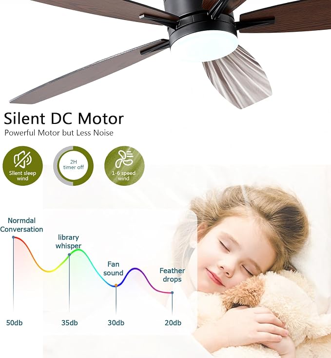 Ayaoty Ceiling Fans with Lights, 52" Low Profile Indoor Ceiling Fan with Light and Remote Control, Dimmable, Noiseless, Reversible, Brown Ceiling Fan for Bedroom, Indoor/Outdoor Use