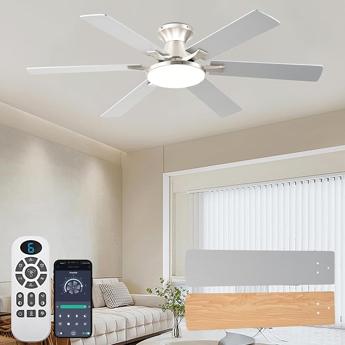 Ceiling Fans with Lights,54 Inch Low Profile Ceiling Fan with Light and Remote Control,6 Speeds/6 Blade,Flush Mount,LED Dimmable DC Reversible Modern, Nickel Ceiling Fan for Bedroom/Living Room