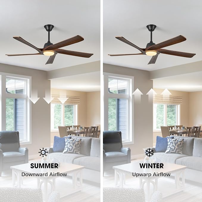 60“ DC Ceiling Fan with Light, Solid Wood Ceiling Fan with Remote and APP Control, 3-color Dimmable, 6-speed Reversible Fans for Bedroom, Living Room, Dark Walnut