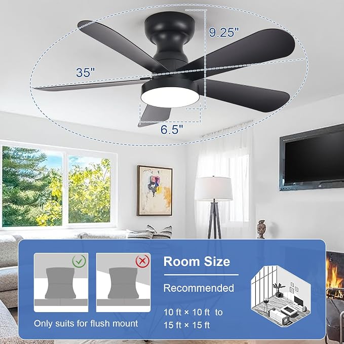 Depuley Black Ceiling Fan with Lights: 35-Inch Flush Mount Fan with Light and Remote - Low Profile Ceiling Fans Reversible Quiet DC Motor for Bedroom Living Room Indoor Outdoor