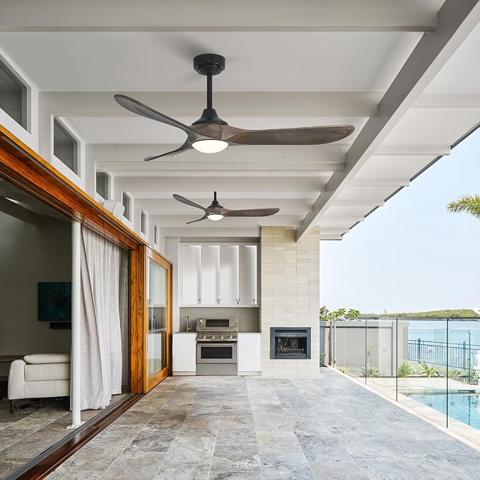 52” Outdoor Ceiling Fan with Light, Compatible with Alexa/Google, 3 Walnut Solid Wood Blade, Noiseless Reversible Dc Motor, Smart Outdoor Wood Ceiling Fan for Farmhouse Patios, Dark Brown