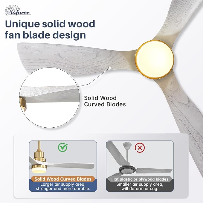 Sofucor Ceiling Fans with Lights and Remote, 52 Inch Low Profile Indoor/Outdoor Ceiling Fan with Light, Reversible DC Motor, 6 Speeds, Solid Wood 3 Blades Ceiling Fans for Bedroom Living Room Patio