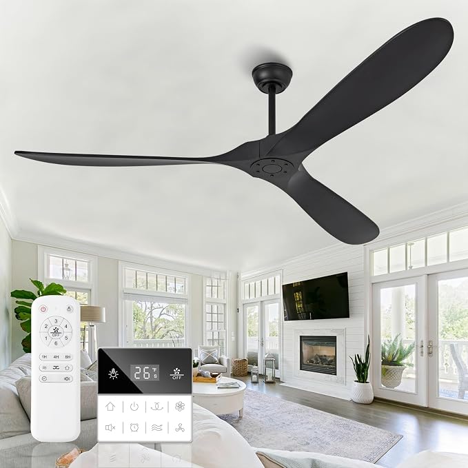 72 Inch Solid Wood Ceiling Fans Without Lights,Propeller Outdoor Ceiling Fans Without Lights with Wall Switch and Remote,Quiet DC Motor,3 Blades Ceiling Fan for Patios,Large Ceiling Fan