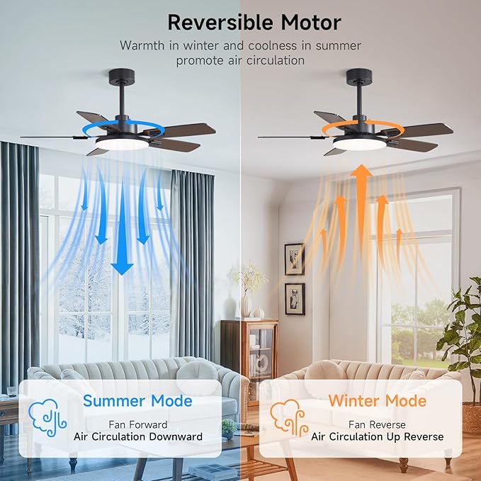 44 Inch Ceiling Fans with Lights and Remote for Bedroom Living Room Kitchen Office, Indoor/Outdoor Use, 5CCT Dimmable, Dual Color 5 Blades, 6 Speed Reversible Quiet DC Motor, Black/Wood Grain