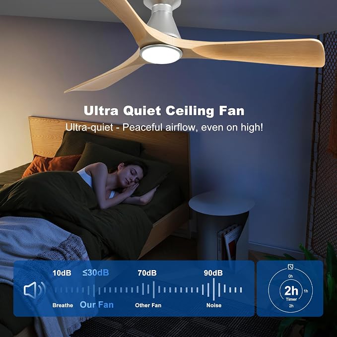 Depuley 52-Inch Ceiling Fans with Lights: Wood 3 Blade Flush Mount Low Profile Ceiling Fan for Bedroom - Dimmable Indoor Outdoor Fan with Remote Control Ultra Quiet DC Motor Timer