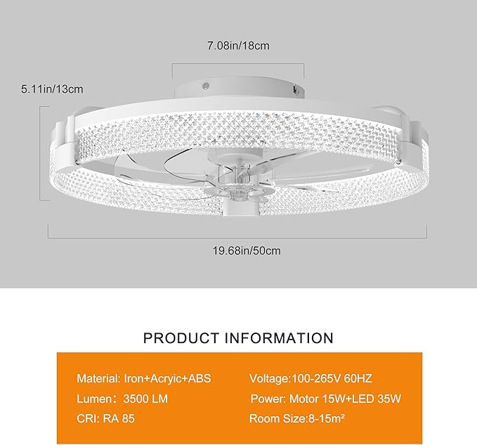 Garwarm 19.7" Ceiling Fans with Lights,Small Ceiling Fan with Lights and Remote, LED Dimmable 3000K–6000K LED Fandelier Flush Mount, DC Motor, for Bedroom, Kitchen, Office