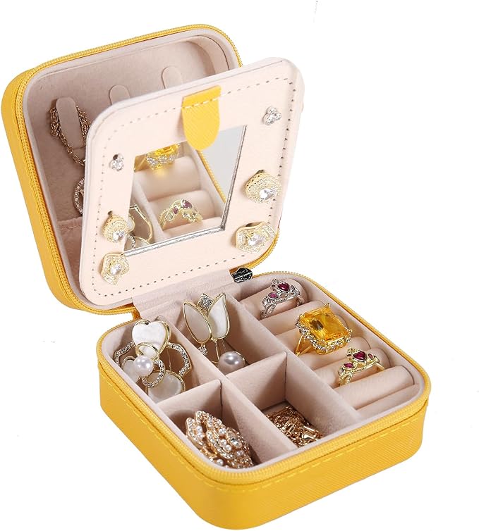 KElofoN Travel jewelry case Travel jewelry box Travel Jewelry Organizer Small Jewelry Organizer Box Gift for Girls Women with Mirror (Yellow)