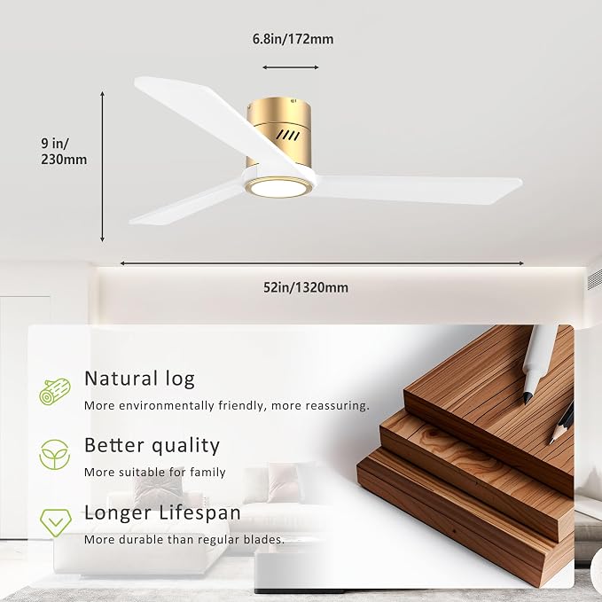 DAMINY Natural Solid Wood White and Gold 52 inch Ceiling Fan with Light,3 Blades,6CCT,Low Profile Ceiling Fan with Light and Remote Control, APP Control,Flush Mount