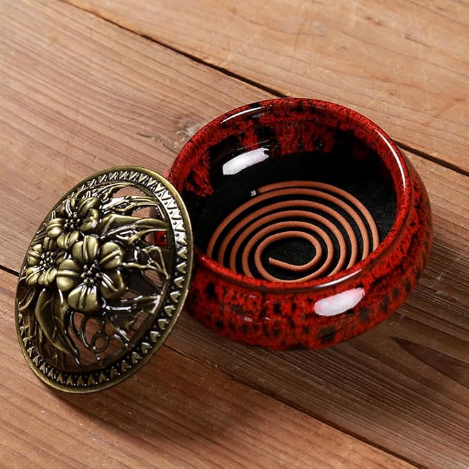 Incense Burner with Calabash Incense Stick Holder - Porcelain Charcoal Censer for Use with Resin Granular Powder Cone or Coil Incense (Fambe Red)