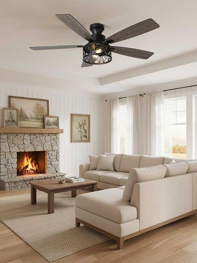 52" Farmhouse Ceiling Fan with Lights Flush Mount Metal Caged | Remote Control Rustic Fandelier, Low Profile Chandelier Fan for Bedroom Dining Room, 5 Dual Blades, Reversible Quiet DC Motor
