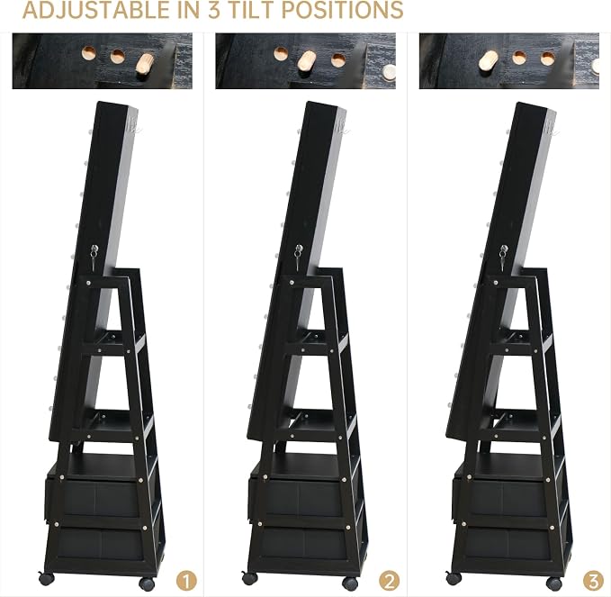 Jewelry Armoire Cabinet Organizer Standing with 20 LED Lights Lockable Full Length Mirror with Storage Shelves and 2 Drawers (Black) Adjustable Tilt Angles Gift for Her