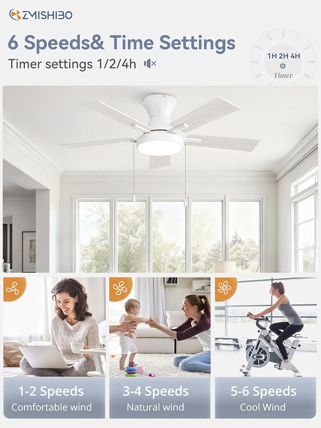 ZMISHIBO Ceiling Fans with Lights, Low Profile Ceiling Fan with Pull Chain and Remote Control, Flush Mount, Reversible, Dimmable, Noiseless, White Pull Cord Ceiling Fan for Bedroom(42inch White)