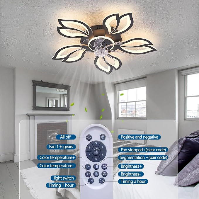 Dalouguan Ceiling Fan with Lights Remote Control, 26" Black Modern Leaf 6 Speeds 3 Light Color Low Profile Flush Mount Ceiling Fan for Kitchen Bedroom