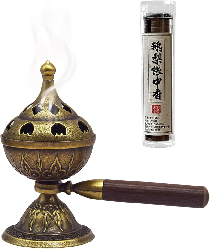 Handheld Incense Burner with 360° Rotating Handle-Chinese Bronze Style Holder for Incense Coils, Yoga Meditation, Home Office Desk Decor