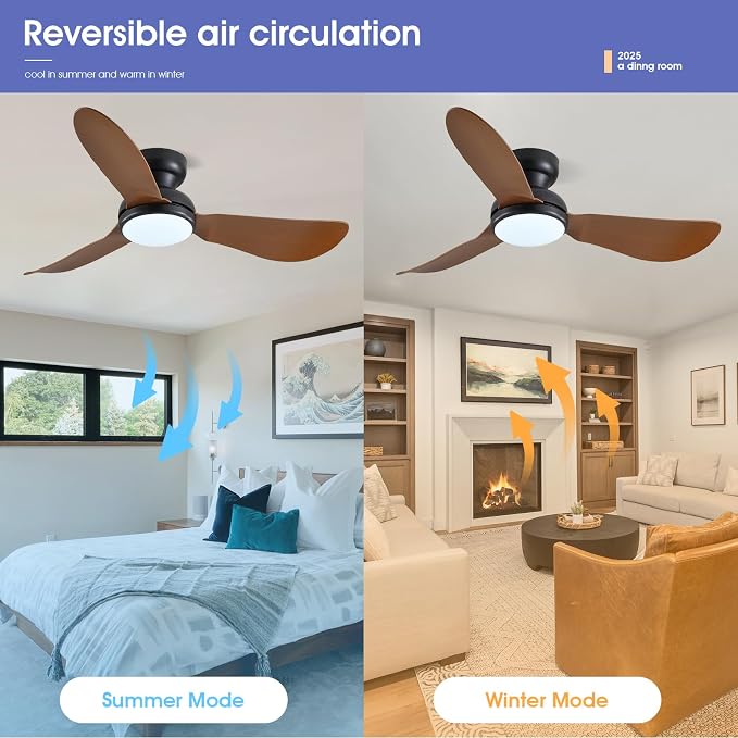 Kviflon 46 Inch Modern Ceiling Fans with Lights, Flush Mount Ceiling Fan, Remote/APP Control, 3 Reversible Curved Blades, 6 Speeds, 3 CCT Dimmable LED Lights for Living Room Bedroom, Brown
