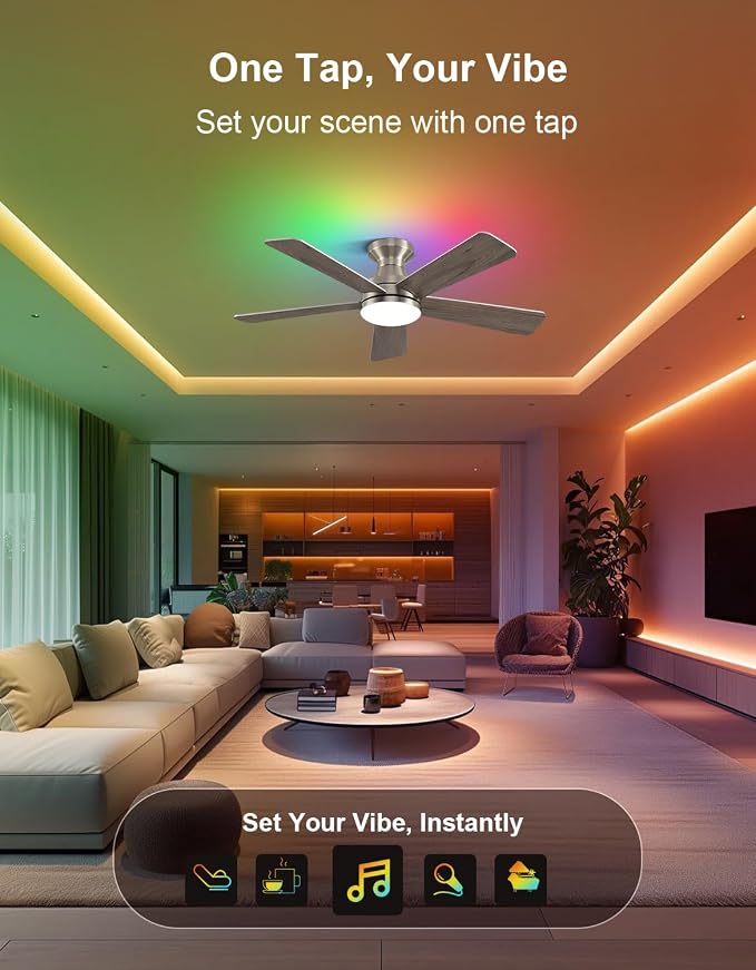 42 inch RGB Ceiling Fan with Light, Voice & App & Remote Control Low Profile Flush Mount Ceiling Fan,6 Speeds Silent Motor, 4-Color Temperature Dimmable for Home Office Party, Brush Nickel