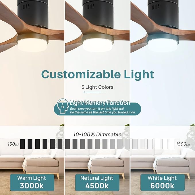 Sofucor 52 Inch Smart Ceiling Fans with Lights-Flush Mount Low Profile Modern Outdoor Solid Wood Ceiling Fans with Alexa/Google Assistant/APP/Remote Control for Bedroom/Farmhouse/Patio, Brown Black