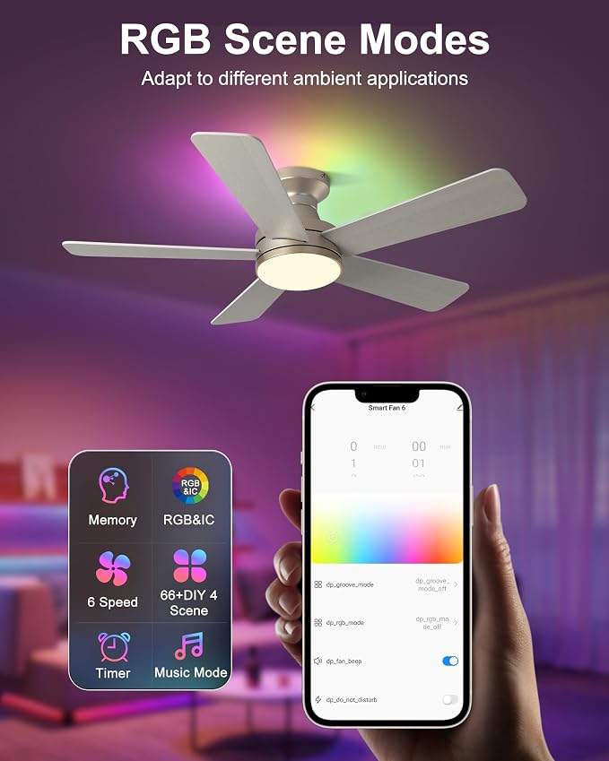 42 Inch Ceiling Fans with Lights, Smart Ceiling Fan with Alexa Google App, Gold Ceiling Fan with RGB Lights Remote, 6 Speeds Reversible DC Motor, Modern Flush Mount for Bedroom Living Room
