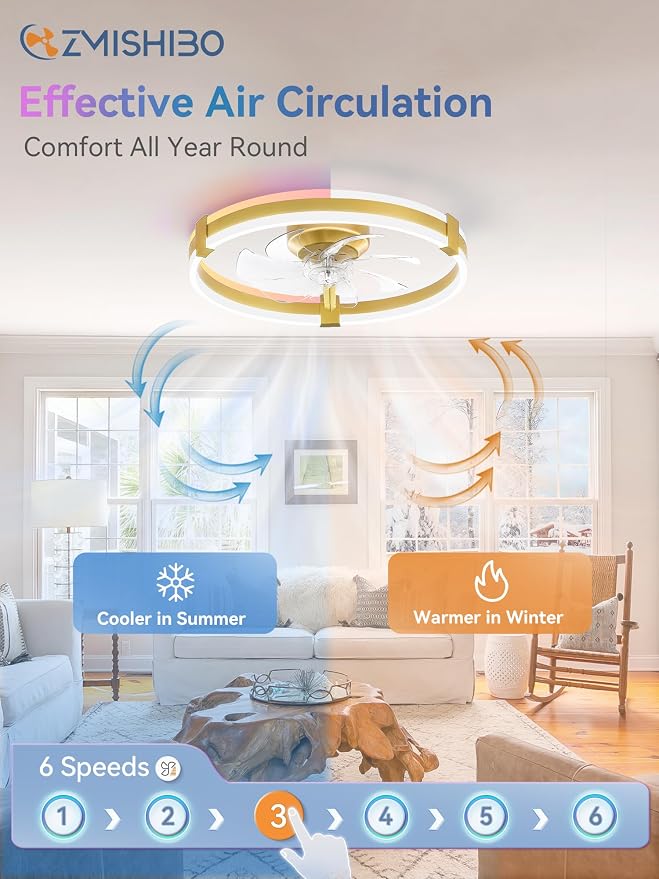 ZMISHIBO RGB Ceiling Fans with Lights and Remote, 20 inch Low Profile Ceiling Fan with Light, 3000K-6000K Dimmable & RGB, Modern Fandelier Flush Mount Ceiling Fan, Small LED Fan for Bedroom,Gold