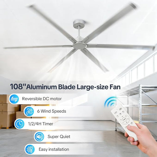 108 Inch Industrial Ceiling Fan with Remote, Silver Large HVLS Ceiling Fan for Warehouse Garage Gym, 6 Aluminum Blades Reversible DC Motor 6-Speed Timer, 3 Downrods (10/20/40 Inch) for High Ceilings