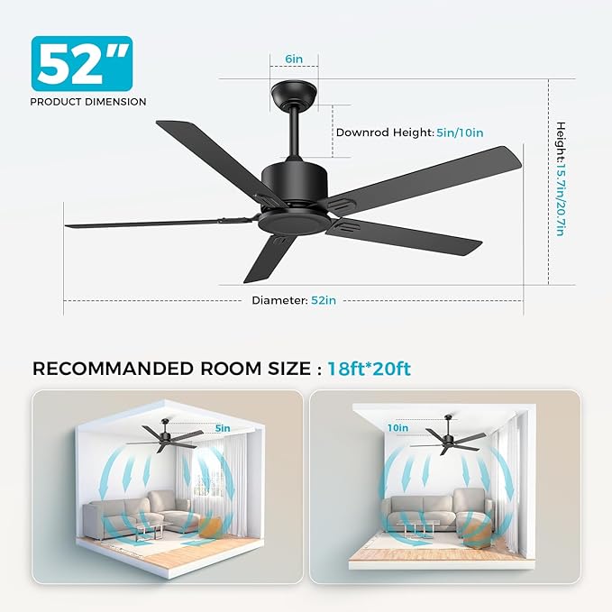 Obabala Outdoor Ceiling Fan No Light, 52 Inch Black Modern Ceiling Fan Without Light, Dual Finish 5 Blades,6 Speed, Reversible Quiet DC Motor for Patios, Garage, Bedroom, Porch