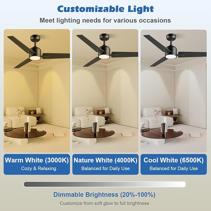 52 inch Ceiling Fans with Lights and Remote, Dimmable 3 Color temperatures LED, Reversible with Quiet DC Motor, 3 Blade High CFM Indoor Outdoor Modern Ceiling Fan for Bedroom Living Room (Black)