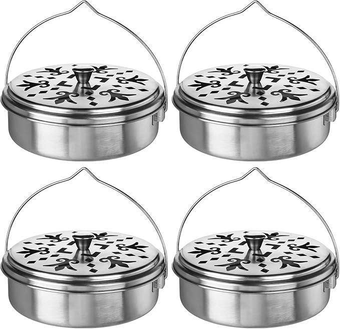 4 Pieces Mosquito Coil Holder Portable Mosquito Incense Holder with Handle Round Metal Sandalwood Incense Burner for Home Camping Indoor Outdoor Patio (Silver)