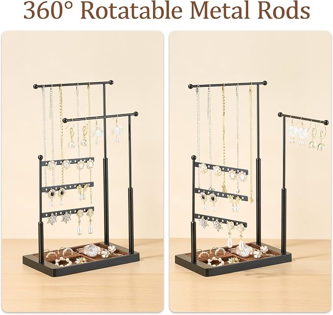 pickpiff Jewelry Organizer Holder Stand: 3 Tier Jewelry Storage Display for Necklace, Bracelet, Earring, Ring, Black & Brown