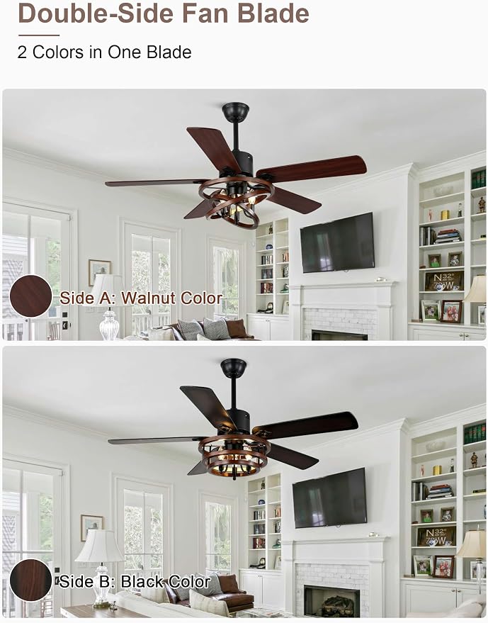 52 Inch Farmhouse Ceiling Fan with Light and Remote Chandelier Fan Quiet and Reversible DC Motor Rustic Ceiling Fan for Living Room Bedroom Patio