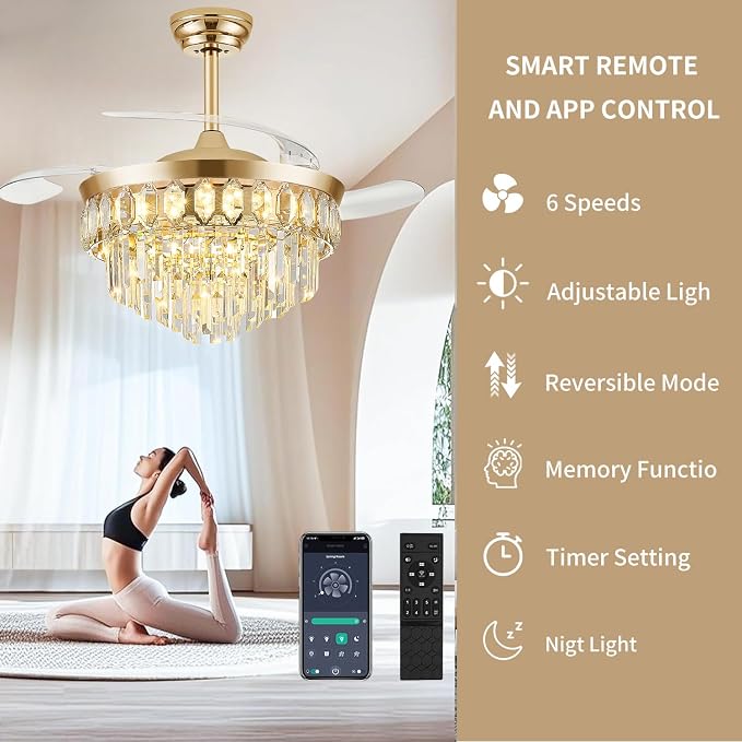 FIDGRA 42 Inch Fandelier Ceiling Fan with Light, Retractable Ceiling Fan with Lights Chandelier Fan for Bedroom, Living Room, 3 Color Temperature, 6 Wind Speed-Gold