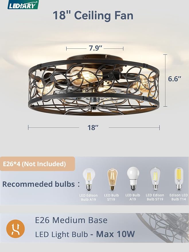 LEDIARY Caged Ceiling Fans with Lights, Black Flush Mount Ceiling Fan with Remote&App, Small Low Profile Bladeless Ceiling Fan Light Fixture for Bedroom, Kitchen, Dining Room.