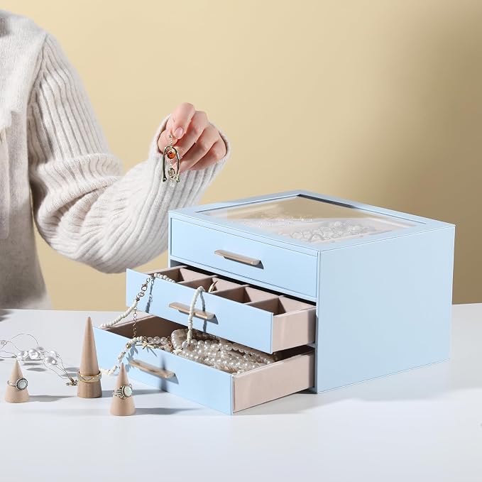 Frebeauty Jewelry Box for Women,Clear Lid Jewelry Organizer with 3 Drawers | Faux Leather,Velvet Lining,3 Layers,Jewelry Storage for Ring Earring Stud,Dustproof Design,Gift Choice,Golden Stylish Handle