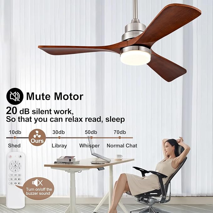 42 Inch Wood Ceiling Fans with Lights and Remote, Brushed Nickel Outdoor Ceiling Fan with Light, Dimmable 3 Blades Outdoor Fans for Patios Noiseless Modern Ceiling Fans for Bedroom Living Room