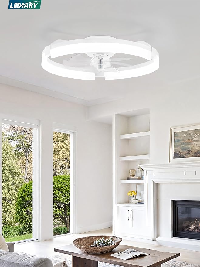 LEDIARY 20" Ceiling Fans with Lights and Remote, Modern Low Profile Ceiling Fan, 3 CCT, Stepless Dimmable, Fandelier Flush Mount Fan Light, 6 Speeds, DC Motor, App & Remote Control for Bedroom(White)