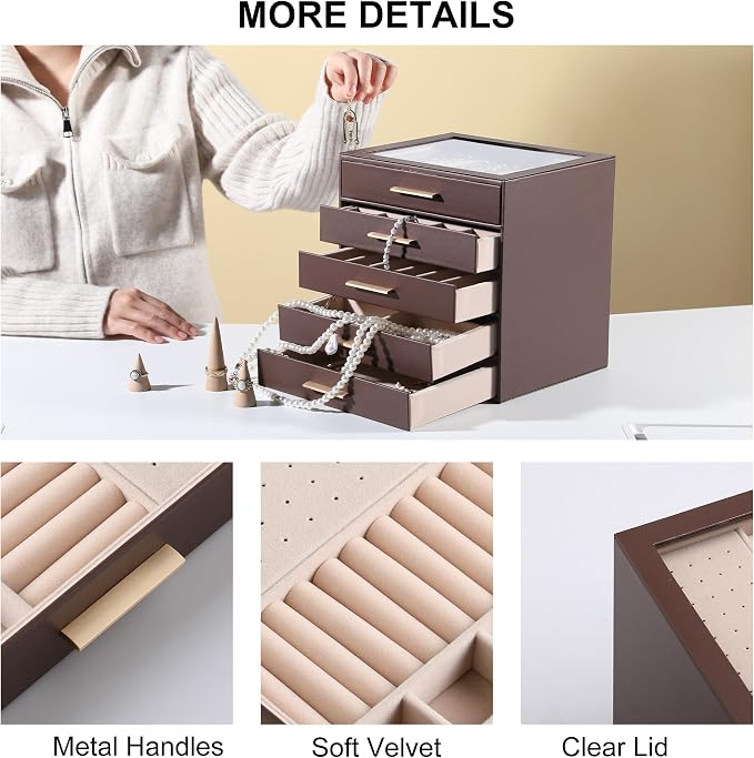 Frebeauty Jewelry Box for Women,Clear Lid Jewelry Organizer with 5 Drawers | Faux Leather,Velvet Lining,5-Layer Large Capacity,Jewelry Storage for Rings Earrings,Dustproof Design,Golden Stylish Handle