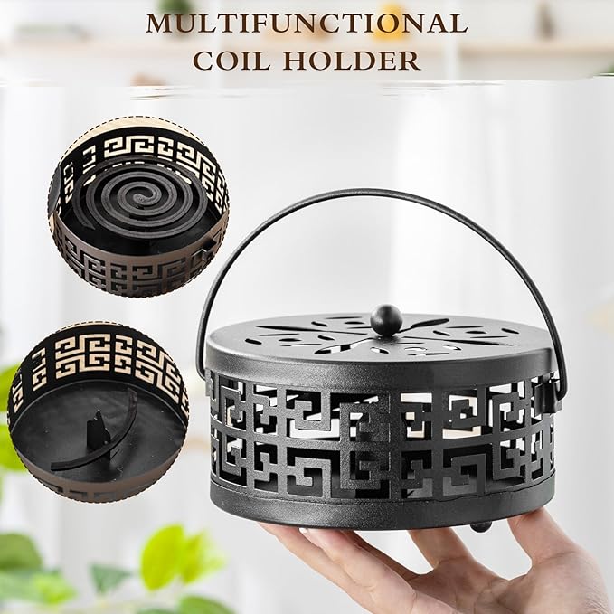 Lallisa 4 Pieces Mosquito Coil Holder Incense Coil Holder Round Retro Portable Metal Hanging Incense Burner with Handle for Home Camping Indoor Outdoor Patio(Black)