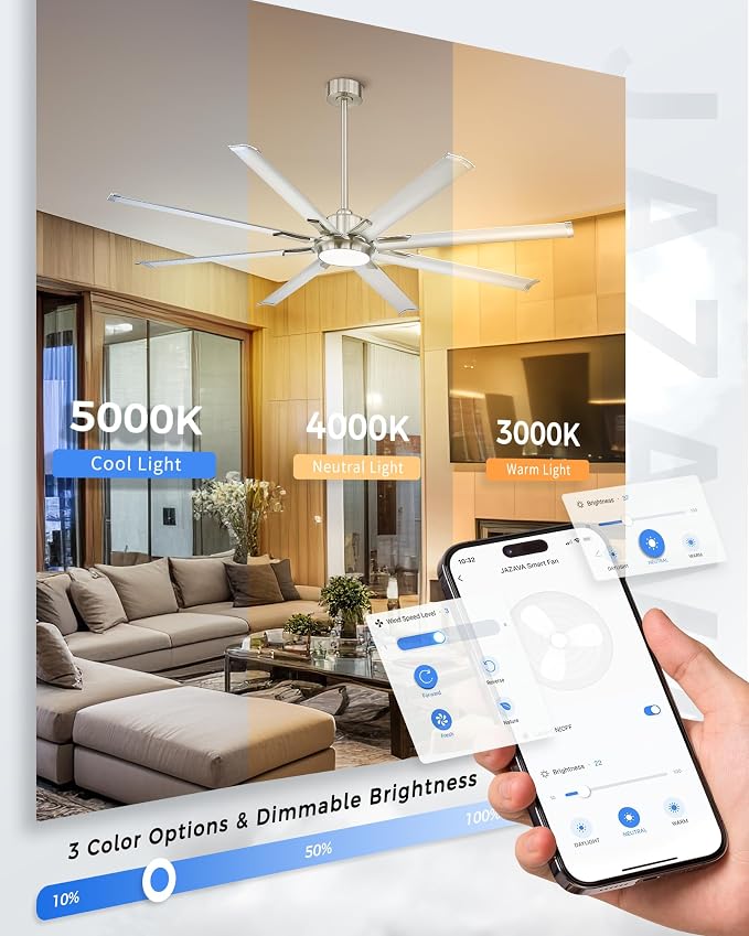 72 Inch Bruehed Nickel Ceiling Fan With Light,Smart Fan Work With Alexa,Industrial Ceiling Fan With 8 Aluminium Metal Blades,Ideal for Courtyard,Patio and Living Room,CF04BN-72