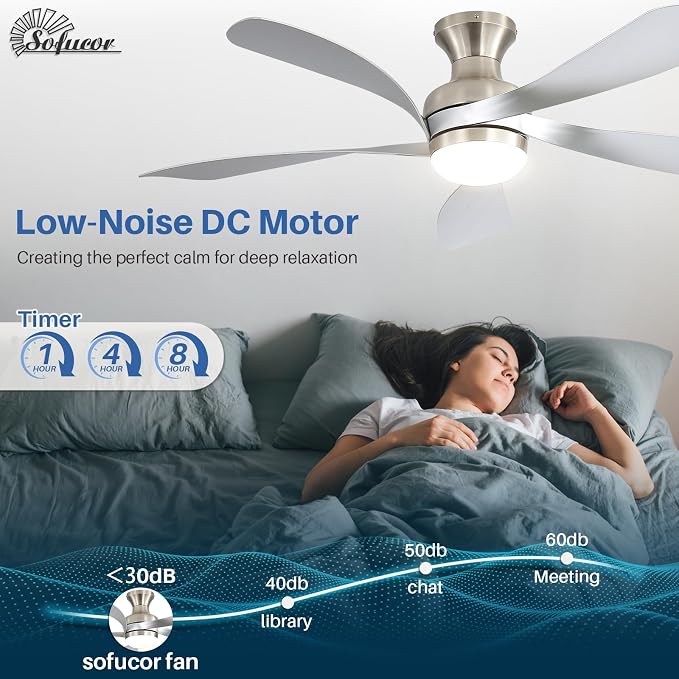 Sofucor 52 Inch Low Profile Ceiling Fan with Light, Flush Mount Outdoor Ceiling Fan with Remote for Bedroom Living Room Patio, Dimmable LED High Airflow Quiet Reversible DC Motor
